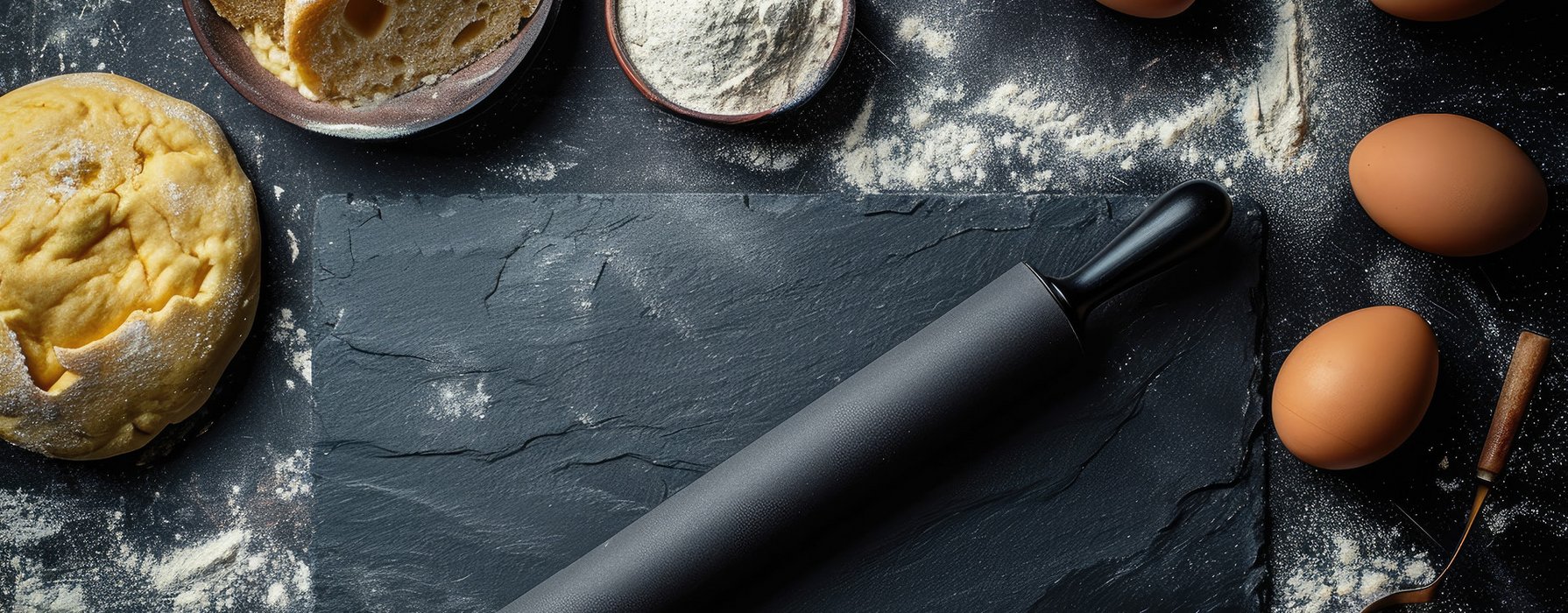 Black coated rolling pin on a black schist surface and different bake ingredients.