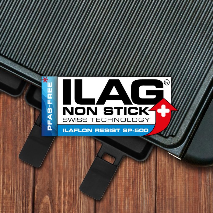 Black coated grill deflector plate from a raclette grill - ILAG logo with blue shaded Ilaflon Resist SP-500 lettering in the center and on the left hand side an extra labeling "PFAS-FREE" in blue