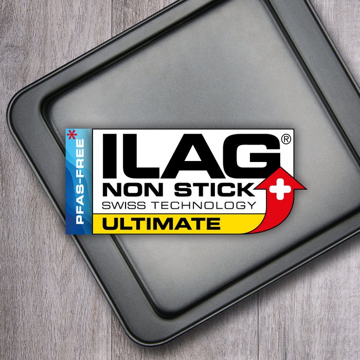 Black coated inside of a square baking tray - ILAG logo with yellow shaded Ultimate lettering and on the left hand side an extra labeling "PFAS-FREE" in blue