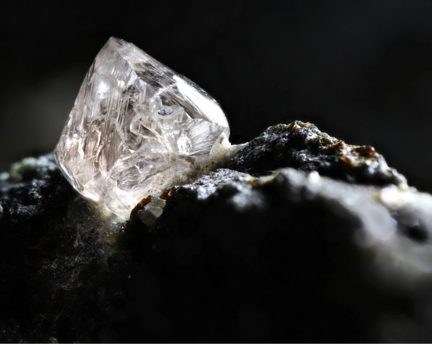 Raw transparent crystal on black rocks