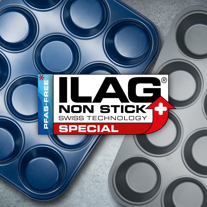 Inside of two muffin trays in royal blue and anthracite - ILAG logo wiht red shaded Special lettering in the center and on the left hand side an axtra labeling "PFAS-FREE" in blue