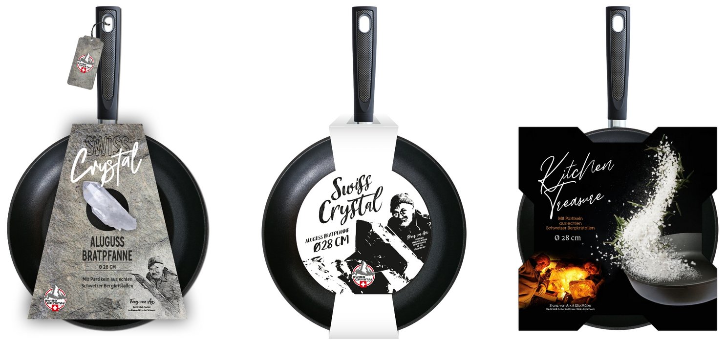 Three frying pans in three different packagings