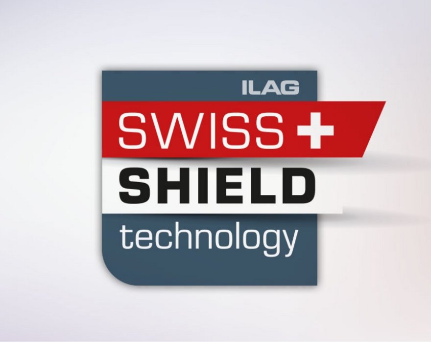 Logo in quadratischer Form mit dunkelgrauem Hintergrund, darüber der Swiss Shield technology Schriftzug in weiss und das Schweizer Kreuz auf rotem Grund