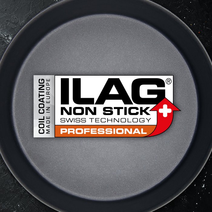 Black coated inside of a baking tray . ILAG logo with orange shaded Professional lettering in the center.