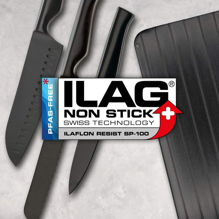 On a light grey surface are laying three black coated knives in different sizes and a black coated defrosting plate - ILAG logo with grey shaded Ilaflon Resist SP-100 lettering in the center and on the left hand side an extra labeling "PFAS-FREE" in blue