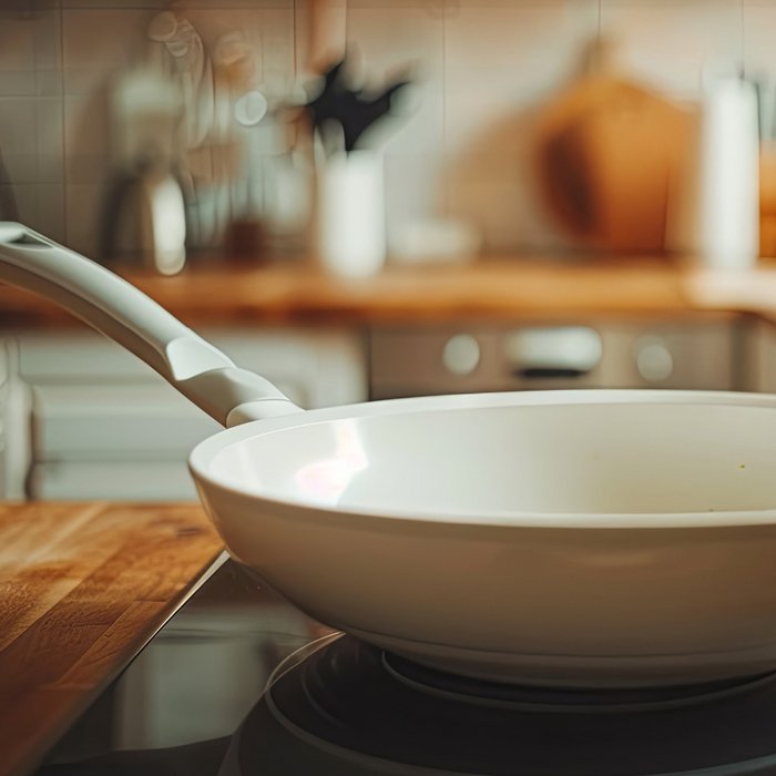 Cooking plate with a white coated frying pan