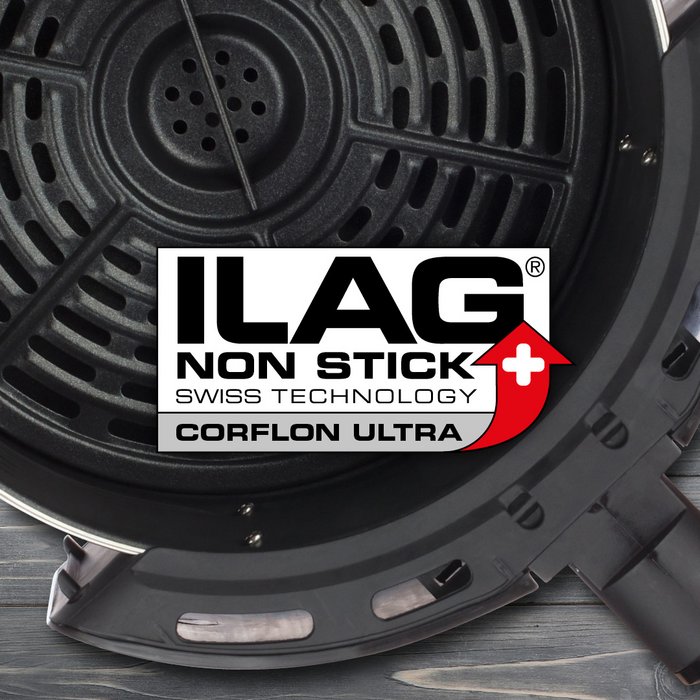 Black coated basket of an airfryer - ILAG logo with grey shaded Corflon lettering in the center