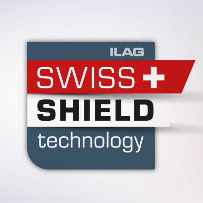 Logo in square shape with dark grey background - above of it the Swiss Shield technology lettering in white and the Swiss cross on a red base