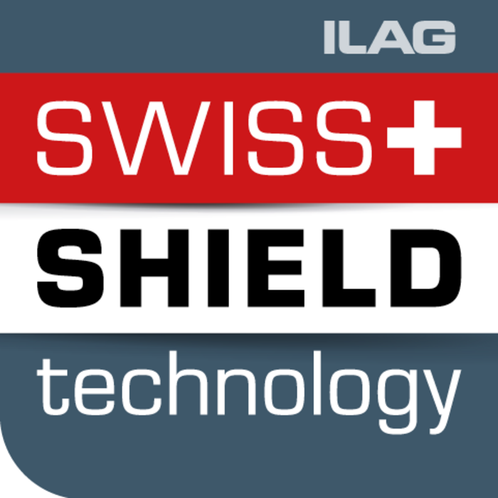 Logo in quadratischer Form mit dunkelgrauem Hintergrund, darüber der Swiss Shield technology Schriftzug in weiss und das Schweizer Kreuz auf rotem Grund