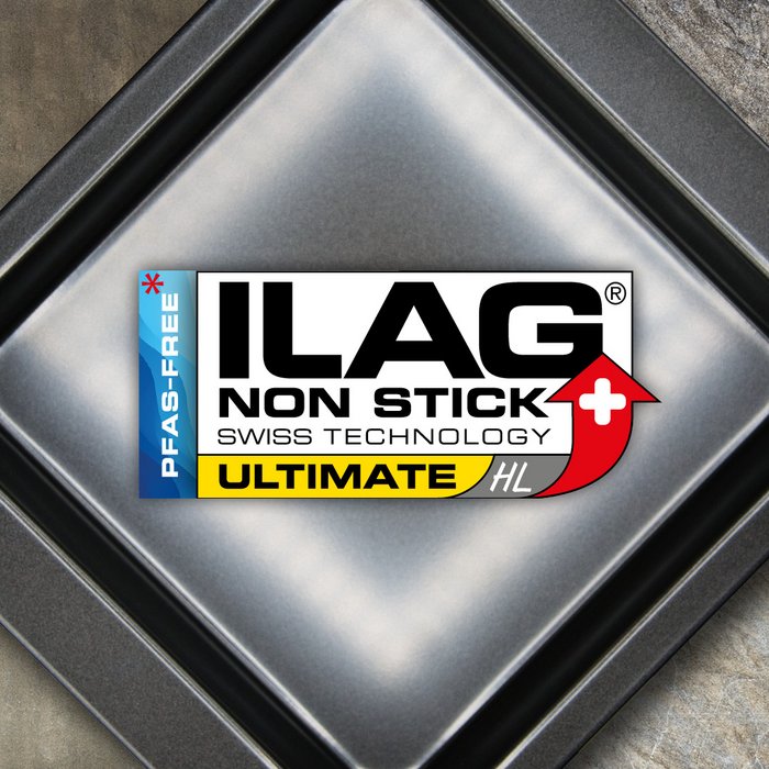 Black coated inside of a square baking tray - ILAG logo with yellow shaded Ultimate lettering and on the left hand side an extra labeling "PFAS-FREE" in blue