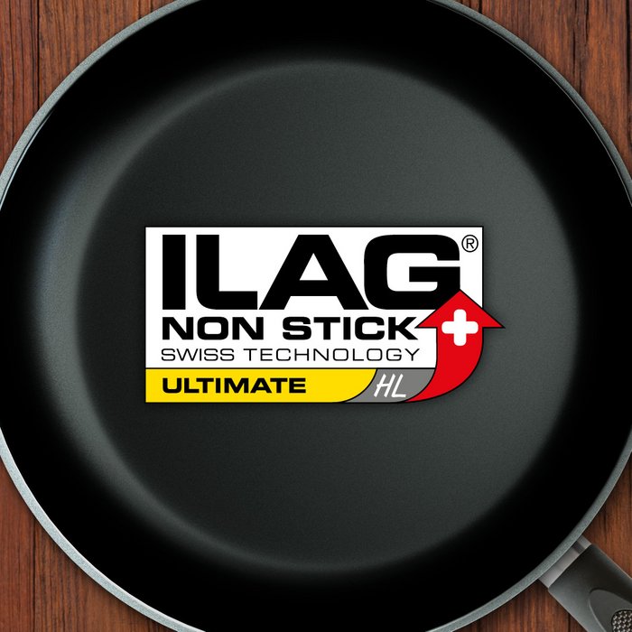 Black inside of a frying pan - ILAG logo with yellow shaded Ultimate HL lettering in the center