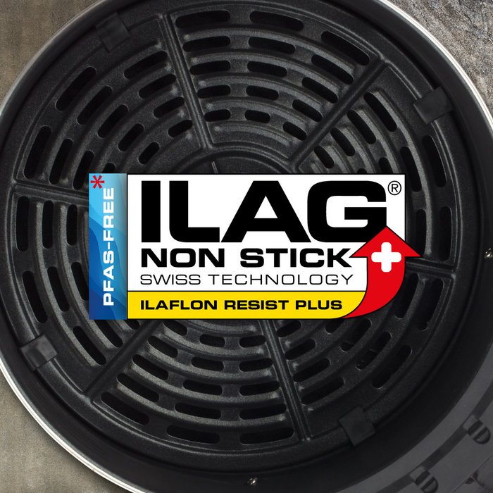 Black coated basket of an airfryer - ILAG logo with yellow shaded Ilaflon Resist Plus lettering in the center and on the left hand side an extra labeling "PFAS-FREE" in blue