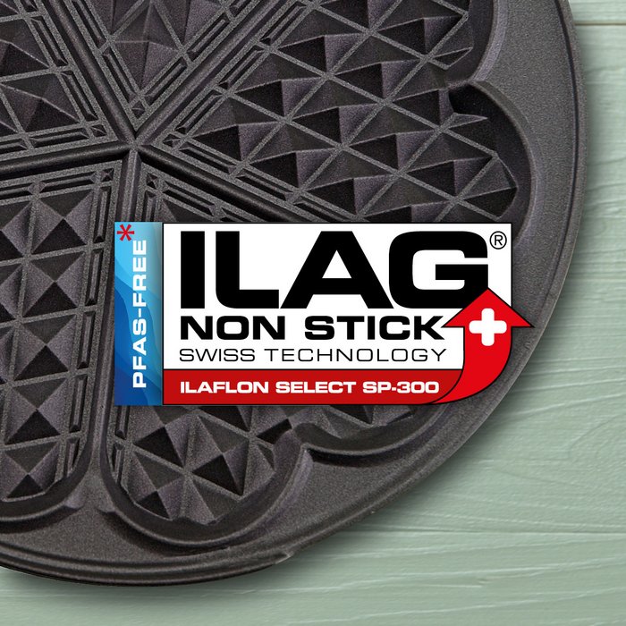 Black coated iron for heart shaped waffles - ILAG logo with red shaded Ilaflon Select SP-300 lettering in the center and on the left hand side an extra labeling "PFAS-FREE" in blue